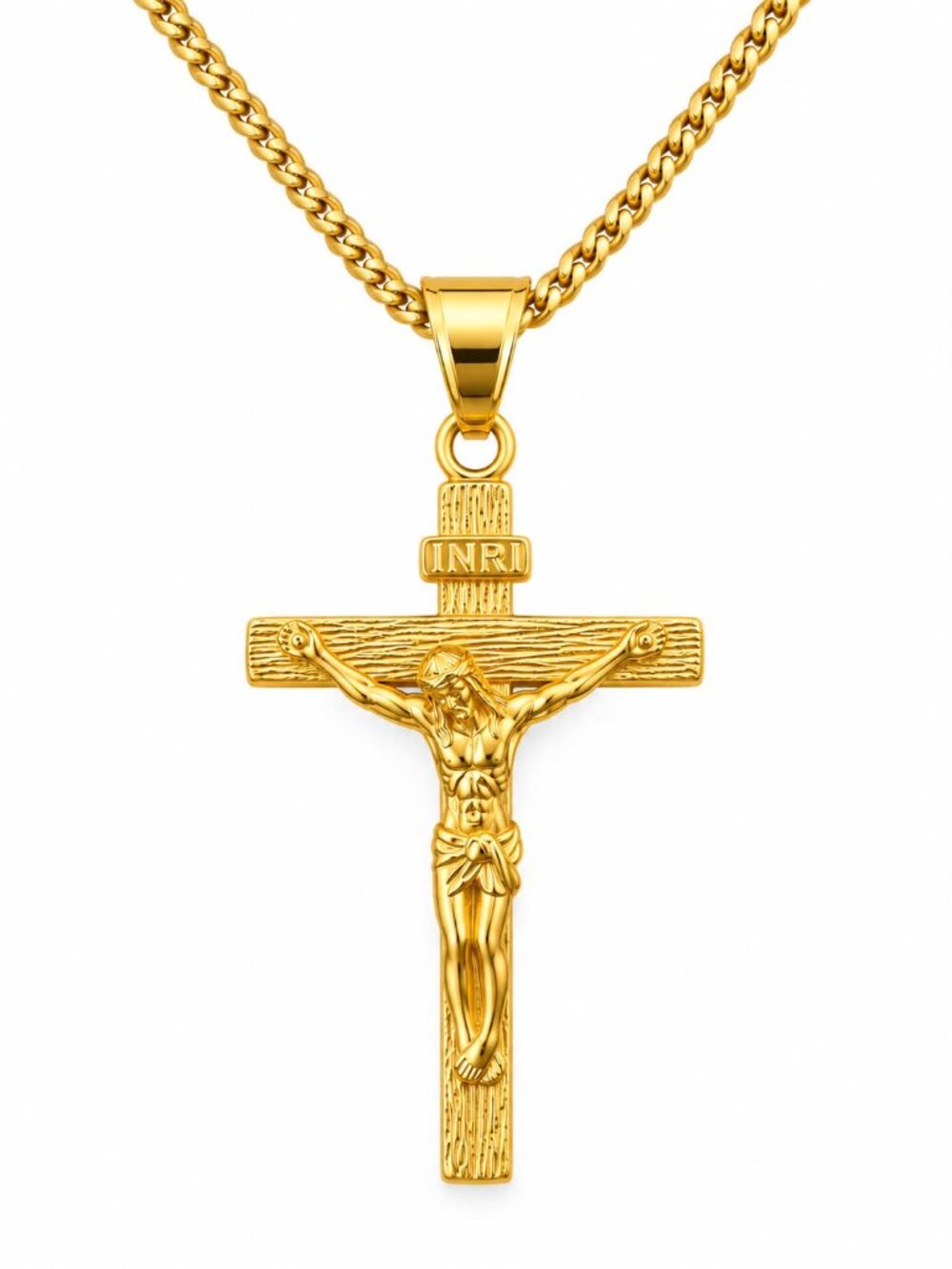Stainless Steel 316 Rustic Style Cross 2.3" Pendant Necklace 24" Cuban Chain